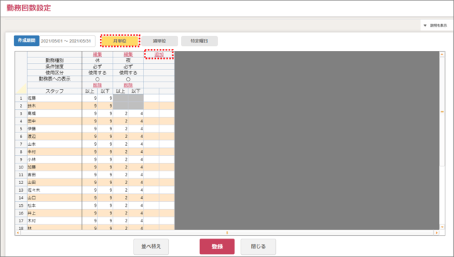 勤務表作成31_勤務回数1_月単位2