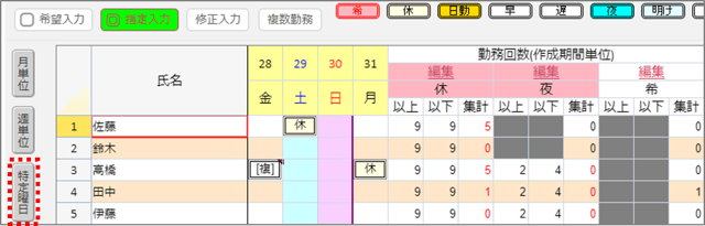 勤務表作成31_勤務回数3_特定曜日1