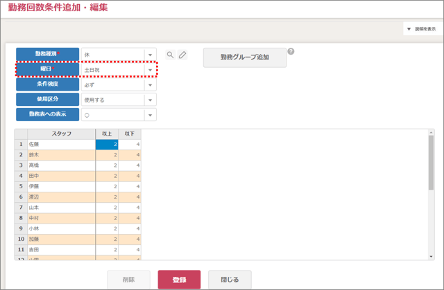 勤務表作成31_勤務回数3_特定曜日3