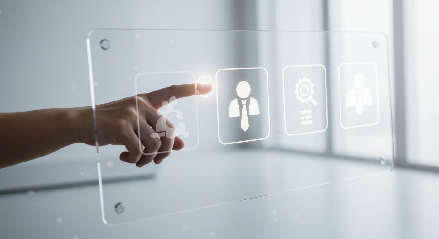 A person's hand interacting with a futuristic, transparent touchscreen.