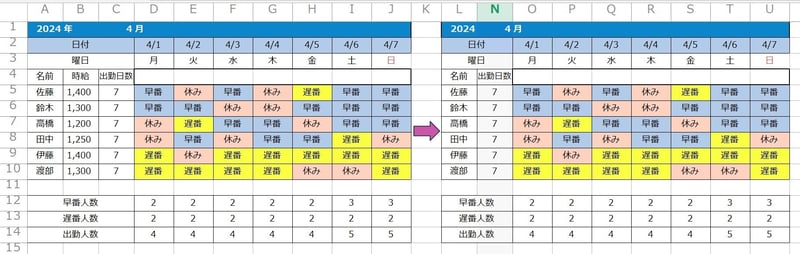 シフト表を印刷するときに※印を付けた部分を表示させないで印刷する方法